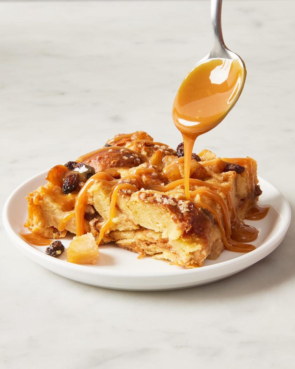 apple bread pudding on a plate drizzled with caramel