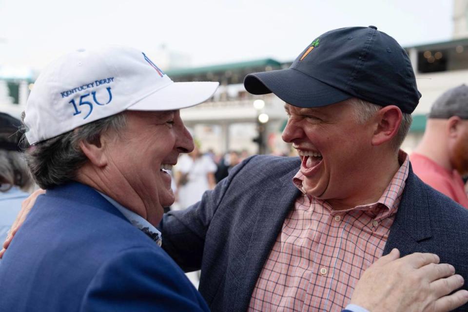 Larry Connolly of West Paces Racing, left, shared a laugh with Price Bell of Mill Ridge Farm during last weekend’s Kentucky Derby post-position draw. West Paces is the only ownership group with two contenders in the 2024 Run for the Roses in Dornoch and Society Man. Mill Ridge Farm of Lexington foaled 2024 Derby contender Endlessly.
