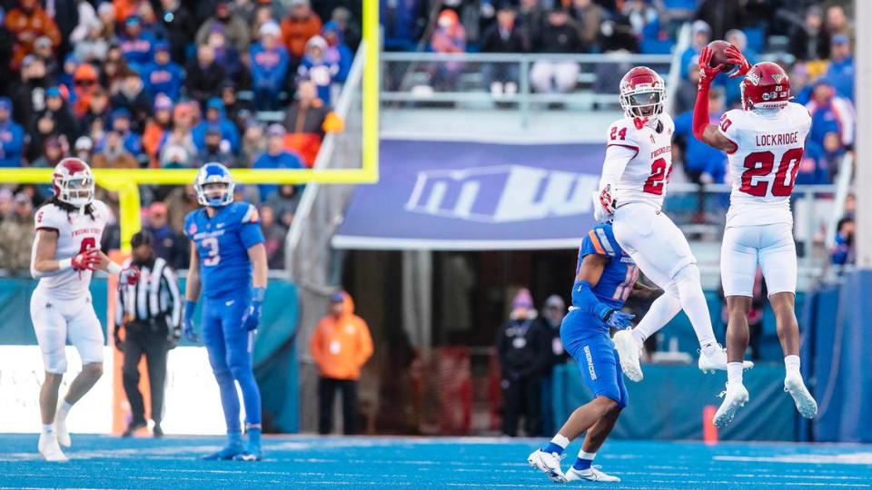 Fresno State defensive back Cam Lockridge intercepts the ball during the Mountain West Championship game against Boise State held on Saturday, Dec. 3, 2022 at Albertsons Stadium. Fresno won 28-16.