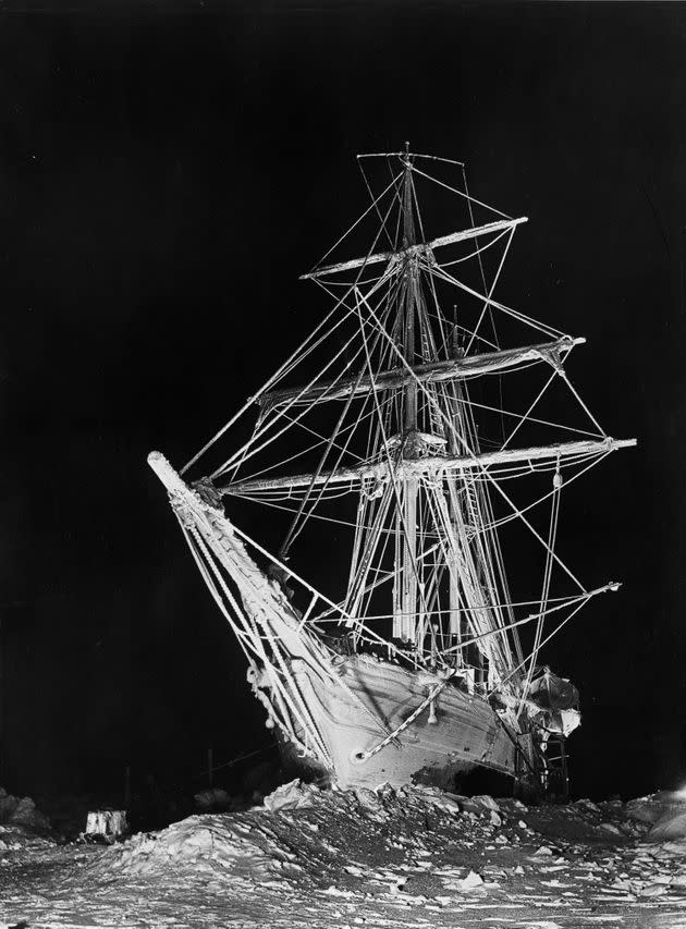 This image was taken by Hurley during the winter of 1915, using 20 flashlights to create a 'spectre ship' effect, Antarctica, 1915. (Photo: Frank Hurley/Royal Geographical Society via Getty Images)