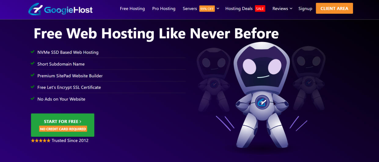  Googiehost homepage screenshot. 