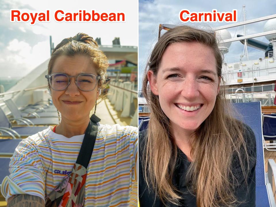 Joey on a Royal Caribbean ship (L) and Monica on a Carnival ship (R)