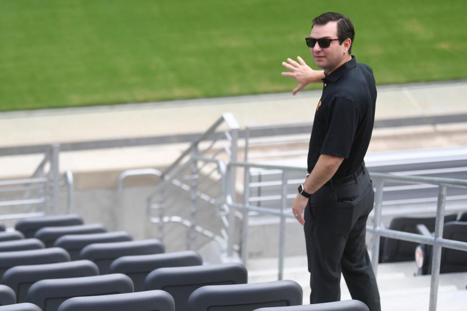 Deputy Athletics Director and Chief Operating Officer Ryan Alpert shows off the new Lower West Club section at Neyland Stadium on the University of Tennessee campus.