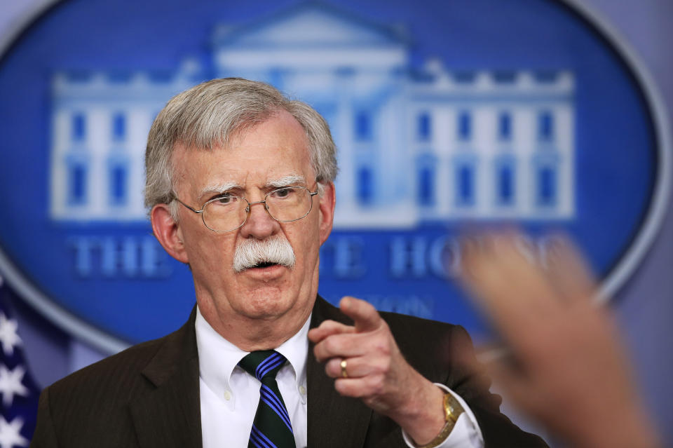 FILE - In this Nov. 27, 2018, file photo, National security adviser John Bolton speaks to reporters during the daily press briefing in the Brady press briefing room at the White House in Washington. In President Donald Trump’s Washington, matters of war and peace are decided in 280-character bursts. It’s up to John Bolton to massage them into a foreign policy. (AP Photo/Manuel Balce Ceneta, File)