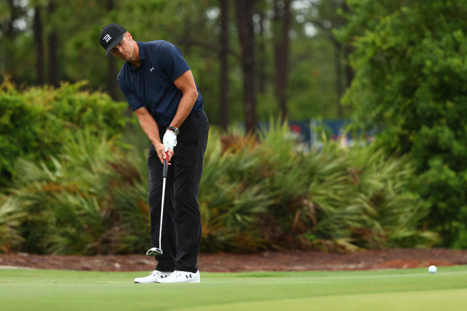 Tom Brady putts on the sixth green during "The Match: Champions For Charity" at Medalist Golf Club on Sunday. (Photo by Mike Ehrmann/Getty Images for The Match)