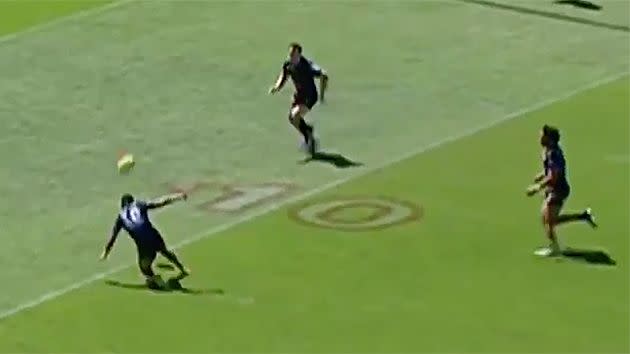 Gela-Mosby kicks the ball as he falls. Pic: Fox Sports