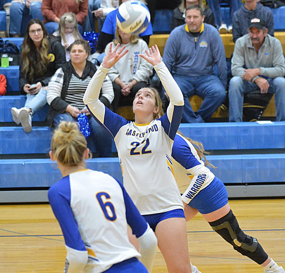 Castlewood's Gracie Haug sets the ball for teammate Emerson Carter (6) during a Region 2B volleyball match against Oldham-Ramona-Rutland on Tuesday, Oct. 31, 2023 in Castlewood.