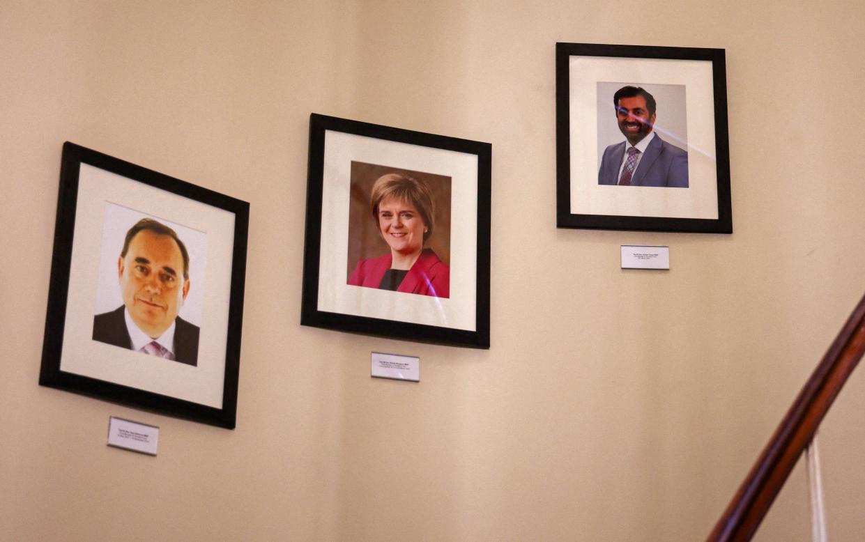 Scotland's last three First Ministers, Alex Salmond, Nicola Sturgeon and Humza Yousaf are seen inside Bute House