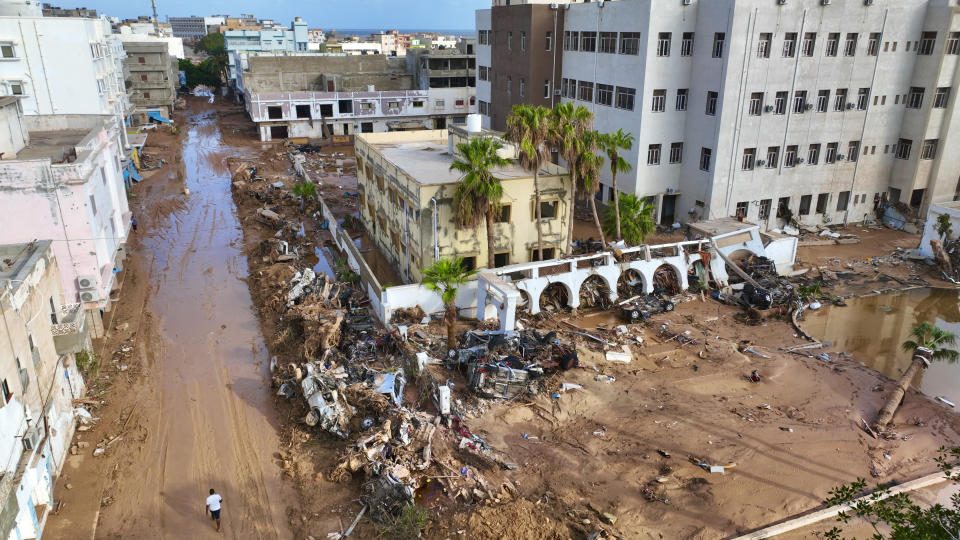 Floodwaters from Mediterranean storm Daniel are visible on Tuesday, Sept. 12, 2023. Scientists say the Mediterranean storm that dumped torrential rain on the Libyan coast is just the latest extreme weather event to carry some hallmarks of climate change. (AP Photo/Jamal Alkomaty)