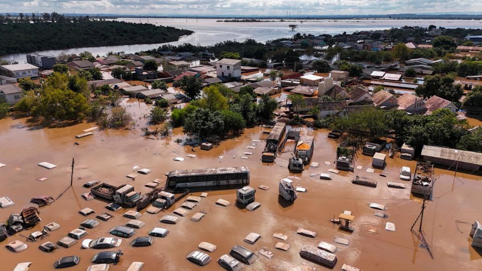 PHOTO: Aerial view of floods in Eldorado do Sul, Rio Grande do Sul state, Brazil, taken on May 9, 2024. (Carlos Fabal/AFP via Getty Images)