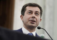 Transportation Secretary nominee Pete Buttigieg speaks during a Senate Commerce, Science and Transportation Committee confirmation hearing on Capitol Hill, Thursday, Jan. 21, 2021, in Washington. (Ken Cedeno/Pool via AP)