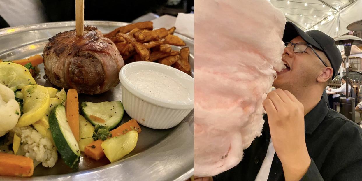 Bacon-wrapped filet mignon with a side of vegetables and sweet potato fries on the right and Moises eating cotton candy on the left