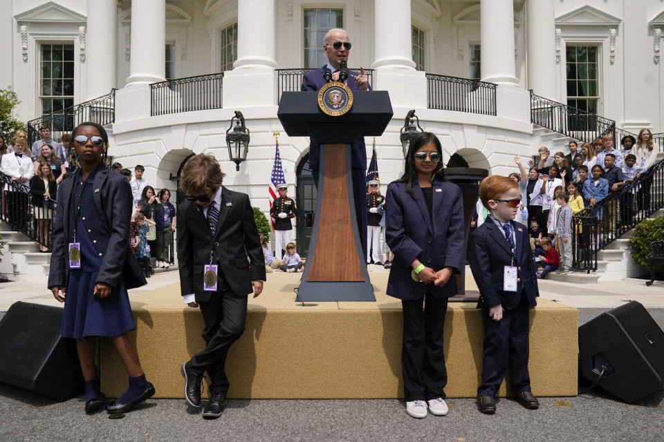 FILE - President Joe Biden speaks as he welcomes children to the White House for "Take Your Child to Work Day," Thursday, April 27, 2023, in Washington. When political kids upstage their parents, it brings a moment of levity to the official workings of government. It’s also a solid case study on the sheer unifying power of humor. (AP Photo/Evan Vucci, File)