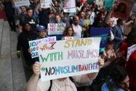 <p>Protesters rally against Supreme Court of the United States decision to uphold the travel ban in lower Manhattan of New York City on June 26, 2018.<br> (Photo: Mohammed Elshamy/Anadolu Agency/Getty Images) </p>