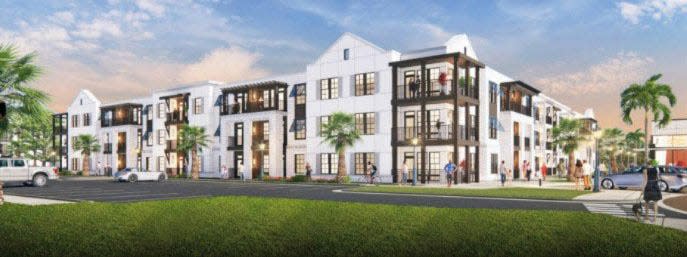 A rendering of the proposed 427-unit luxury apartment community proposed by Trevato Development Group at the site of Adventure Landing in Jacksonville Beach.