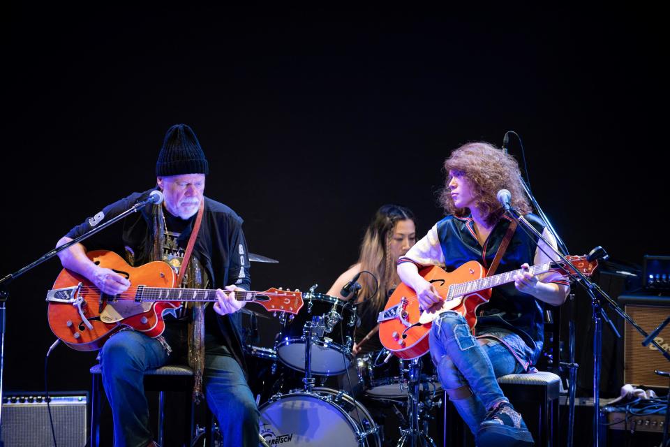 Canadian guitarist Randy Bachman (left) performs with his original Gretsch 6120 Chet Atkins guitar, with Japanese musician Takeshi, during a Canada-Japan Friendship Concert in Tokyo, July 1, 2022. / Credit: PHILIP FONG/AFP/Getty