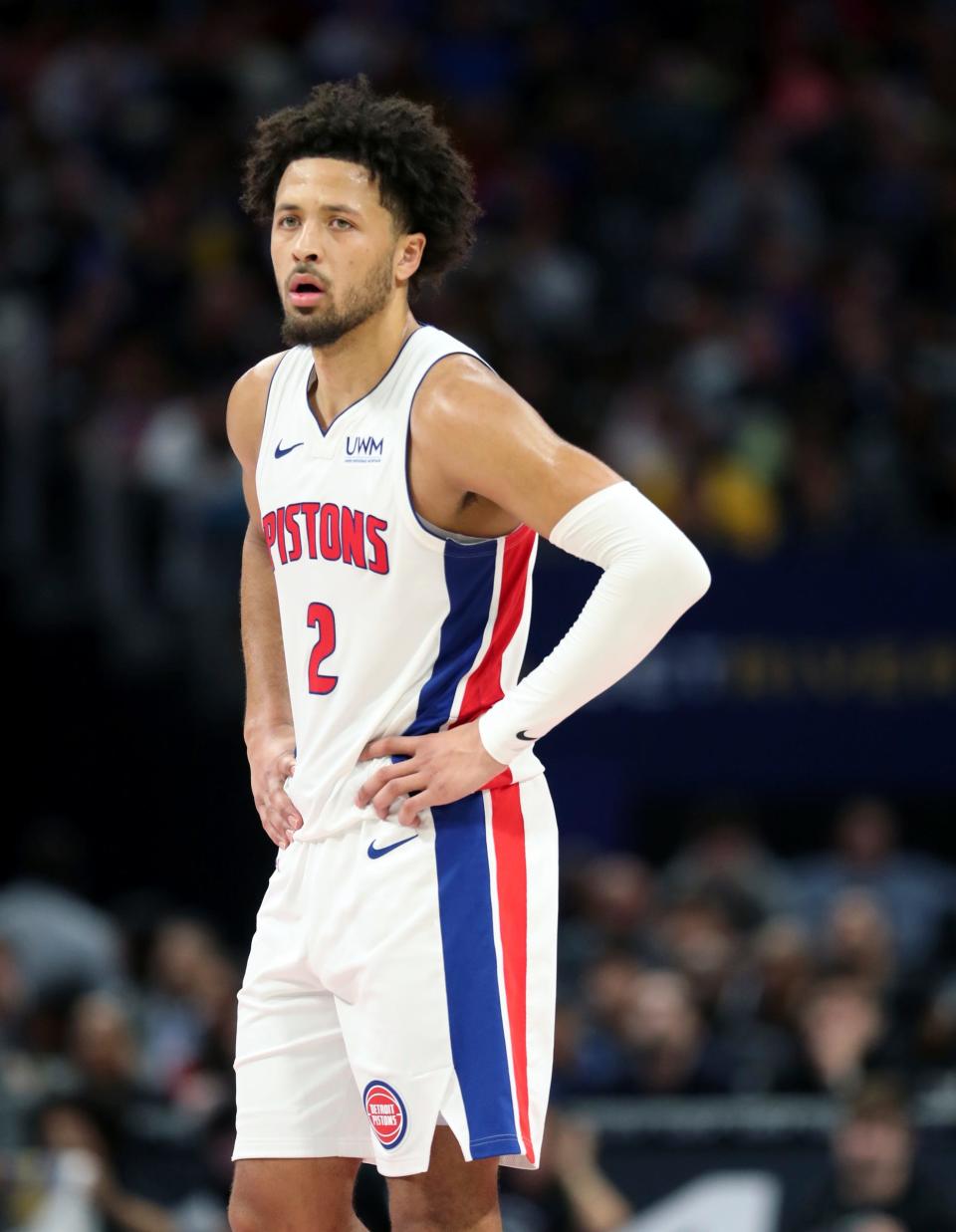 Cade Cunningham during action against the Warriors at Little Caesars Arena in Detroit on Nov. 6, 2023.