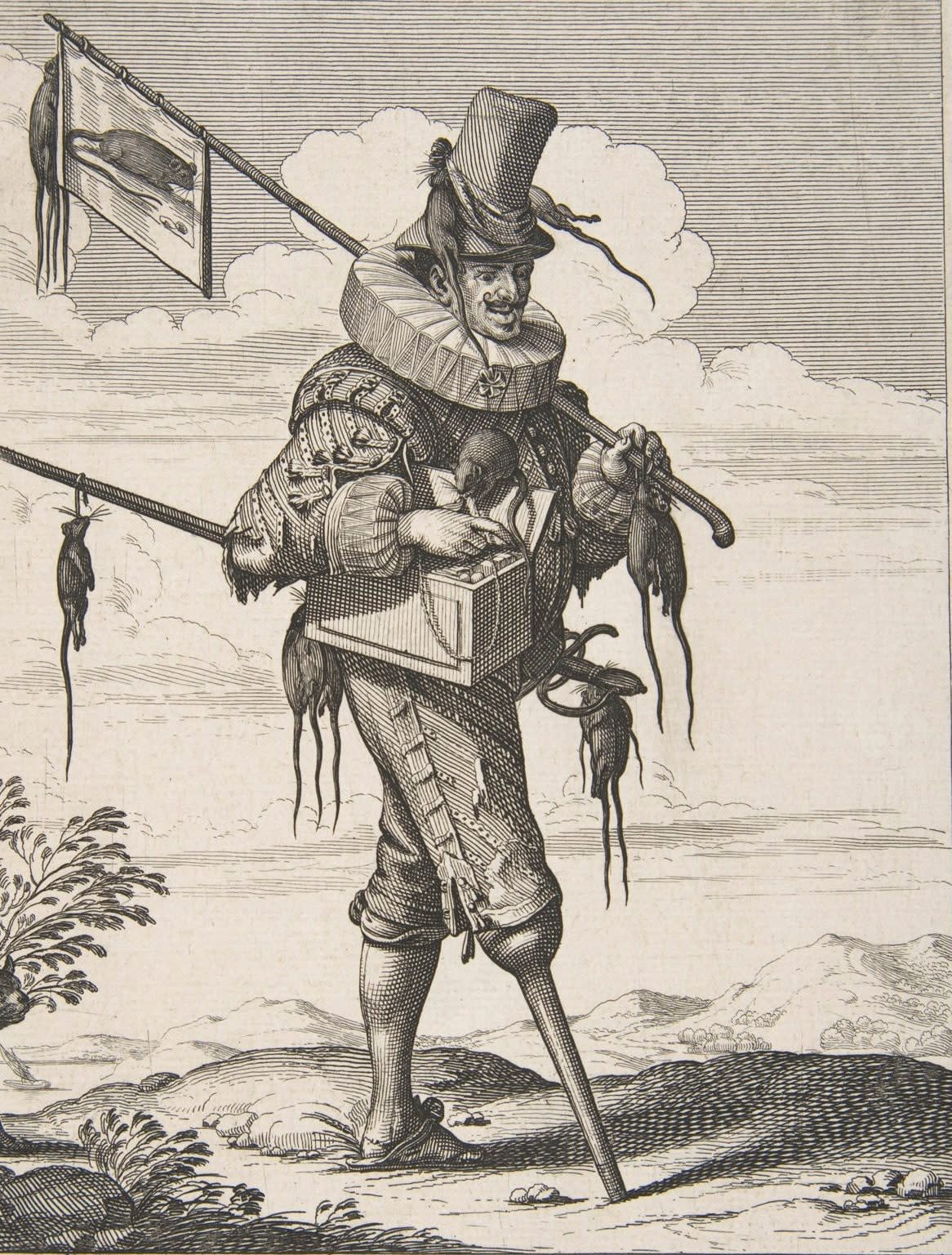 An etching of a rat catcher in Paris, mid to late 17th century