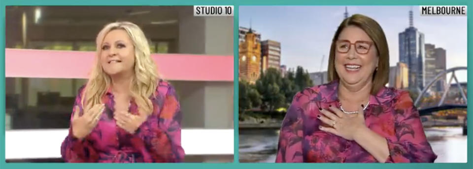 Studio 10 host Angela Bishop and Julia Morris wearing the same pink floral dress