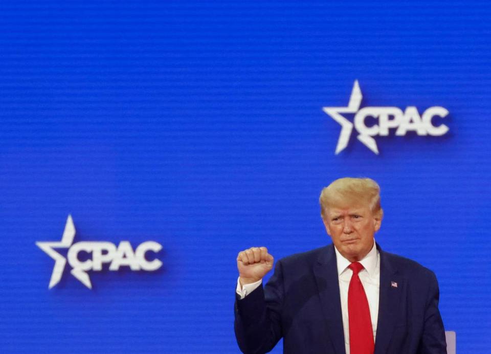 Former President Donald Trump reacts as he leaves after delivering the final remarks during Conservative Political Action Conference (CPAC) at the Hilton Anatole in Dallas, on Saturday, Aug. 6, 2022. (Shafkat Anowar/The Dallas Morning News via AP)