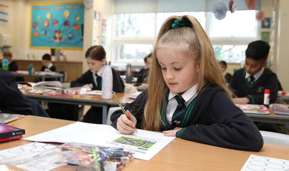 Year 4 children back in the classroom at Manor Park School and Nursery in Knutsford, Cheshire, as pupils in England return to school for the first time in two months as part of the first stage of lockdown easing. Picture date: Monday March 8, 2021. (Photo by Martin Rickett/PA Images via Getty Images)