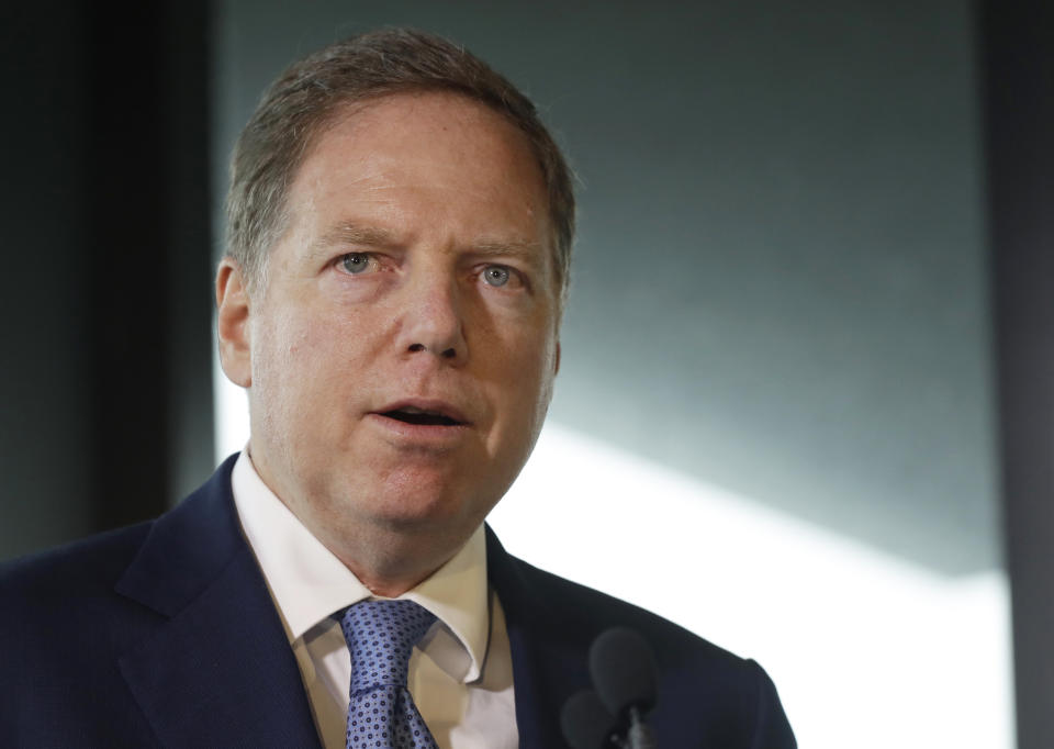 FILE - In this Sept. 12, 2018, file photo, Geoffrey Berman, U.S. attorney for the Southern District of New York, speaks at the Museum of Jewish Heritage in New York. Berman, overseeing investigations involving Donald Trump, is a Republican who contributed to the president’s election campaign, but he bristles at any suggestion he’s a Trump ally. (AP Photo/Mark Lennihan, File)