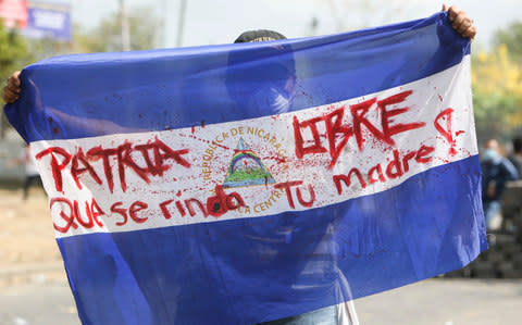 A protester holds up a Nicaraguan flag that reads in Spanish "Free country. Who surrenders. Your mother!" - Credit: AP Photo/Alfredo Zuniga