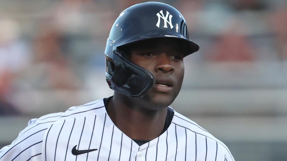 Mar 14, 2023; Tampa, Florida, USA; New York Yankees outfielder Estevan Florial (90) rounds the bases after hitting a two-run home run against the Toronto Blue Jays during the first inning at George M. Steinbrenner Field. Mandatory Credit: Kim Klement-USA TODAY Sports