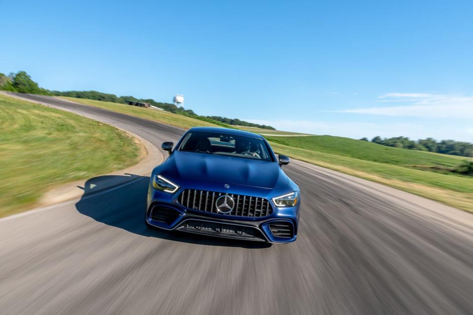 <p>Here's the new face of the fastest four-door in the last 13 years of Lightning Lap. Sitting comfortably at the top by nearly five seconds, the 630-hp twin-turbo V-8 pushed the GT63 S to a max speed of <a href="https://www.caranddriver.com/features/a29389603/2019-mercedes-amg-gt63-s-lightning-lap/" rel="nofollow noopener" target="_blank" data-ylk="slk:155.6 mph on the front stretch;elm:context_link;itc:0;sec:content-canvas" class="link ">155.6 mph on the front stretch</a>, faster than the Camaro ZL1 1LE and the 911 GT3RS. It's a big car, and even with big carbon-ceramic rotors, the <a href="https://www.caranddriver.com/mercedes-amg/gt63-gt63-s" rel="nofollow noopener" target="_blank" data-ylk="slk:GT63 S;elm:context_link;itc:0;sec:content-canvas" class="link ">GT63 S</a> isn't immune to the inevitable brake fade that comes with stopping other heavyweights at this level.</p>