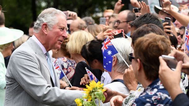 PHOTO: In this April 4, 2018, file photo, Prince Charles is greeted by members of the public during a visit to Brisbane, Australia. (Dan Peled/AFP via Getty Images, FILE)