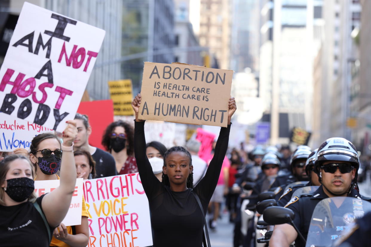 New York City: Supporters of reproductive choice take part in the nationwide Women's March, held after Texas rolled out a near-total ban on abortion procedures and access to abortion-inducing medications. (Reuters)