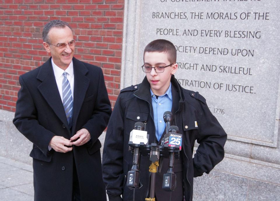 Middleboro, Massachusetts, middle schooler Liam Morrison, right, speaks at a press conference outside of the U.S. Court of Appeals for the First Circuit in Boston on Thursday morning, Feb. 8, 2024, following oral arguments in his appeal of a lower court ruling that said he does not have a First Amendment right to wear a "There are only two genders" T-shirt to school. His attorney, David Cortman, left, is senior counsel and vice president of U.S. litigation at Alliance Defending Freedom.
