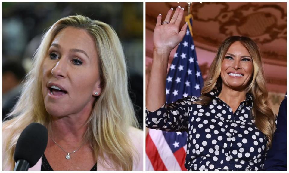 Composite image of Rep. Marjorie Taylor Greene (L) and former first lady Melania Trump (R).