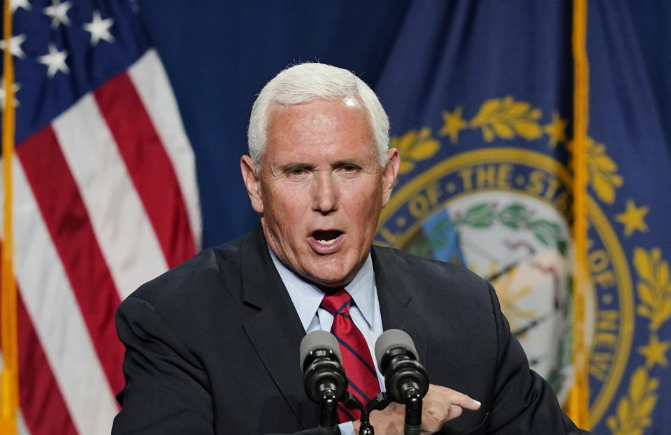 Former Vice President Mike Pence speaks at the annual Hillsborough County NH GOP Lincoln-Reagan Dinner, Thursday, June 3, 2021, in Manchester, N.H. (AP Photo/Elise Amendola)