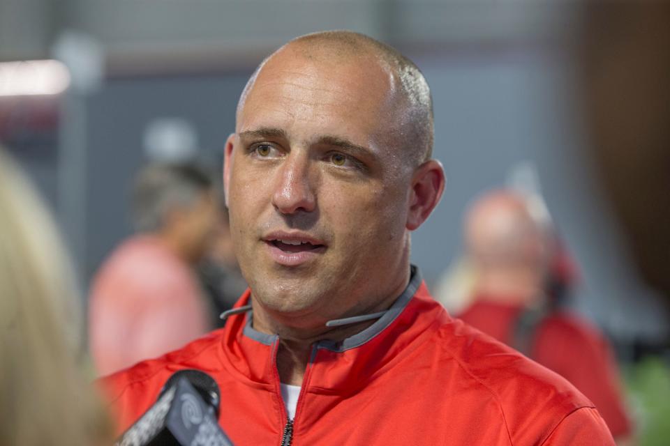 August 16 2015: Coach Zach Smith talking to the media during the Ohio State Football Media Day at the Woody Hayes Athletic Center in Columbus, Ohio. (Photo by Jason Mowry/Icon Sportswire via Getty Images)