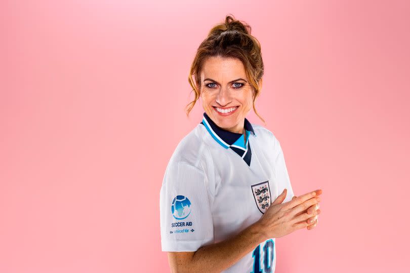 Karen Carney is playing for England at Soccer Aid for UNICEF 2024 and is in the new look kit for the event