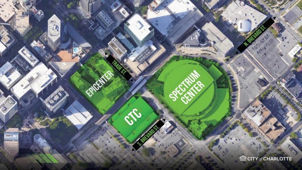 This image shows the Spectrum Center, where the Charlotte Hornets play, the Charlotte Transportation Center and the Epicentre, which is being sold. The city hopes a renovated Spectrum Center, new practice facility, renovated transportation facility and sale of the Epicentre will transform the area into a new Uptown district. City of Charlotte