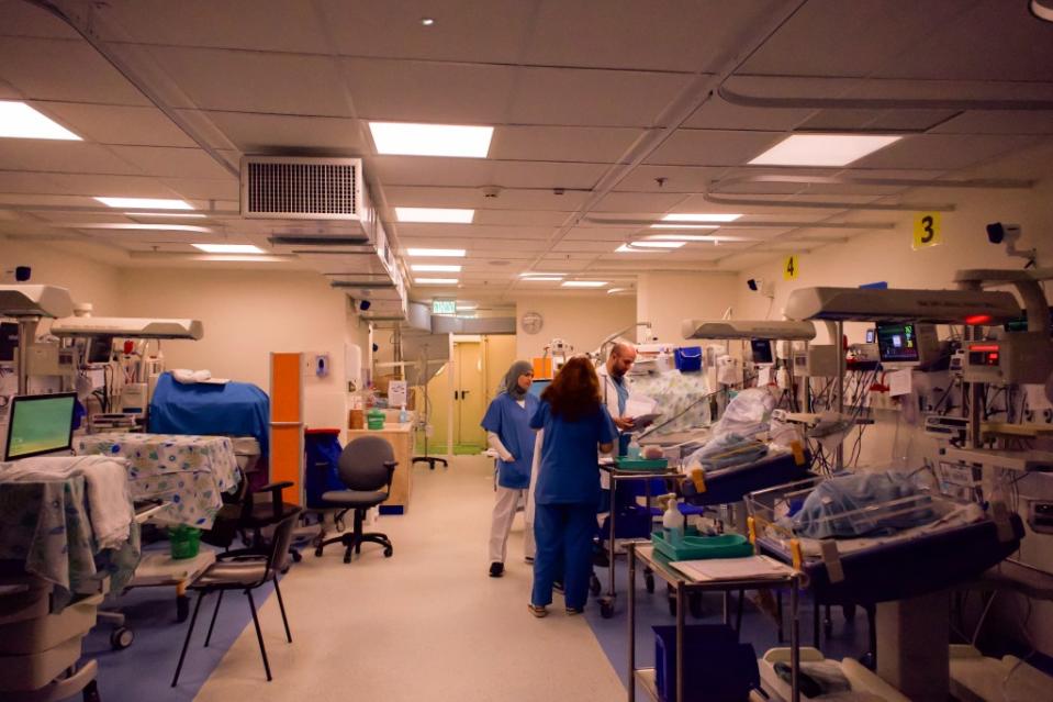 Staff and patients at Galilee Medical Center’s underground neonatal intensive care unit in its facility 6 miles south of the Israel-Lebanon border. (Photo by Charlotte Lawson)