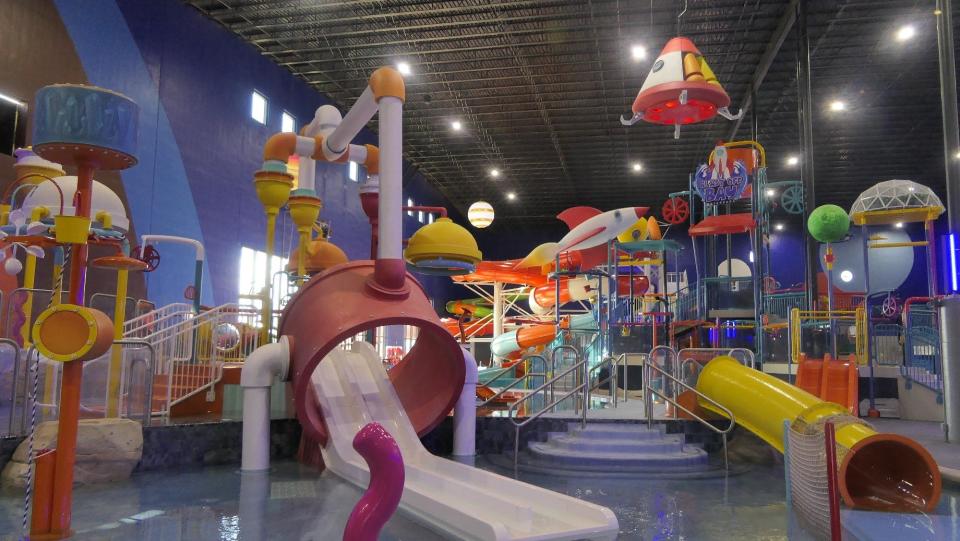 Soon-to-be operating water slides at the largest indoor water park in southcentral Kansas at Blast Off Bay at the Genesis Health Clubs complex in Goddard.