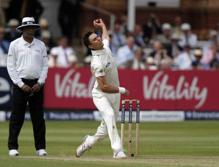 New Zealand’s Trent Boult bowls against England during the second day of the first Test at Lord's on May 22, 2015