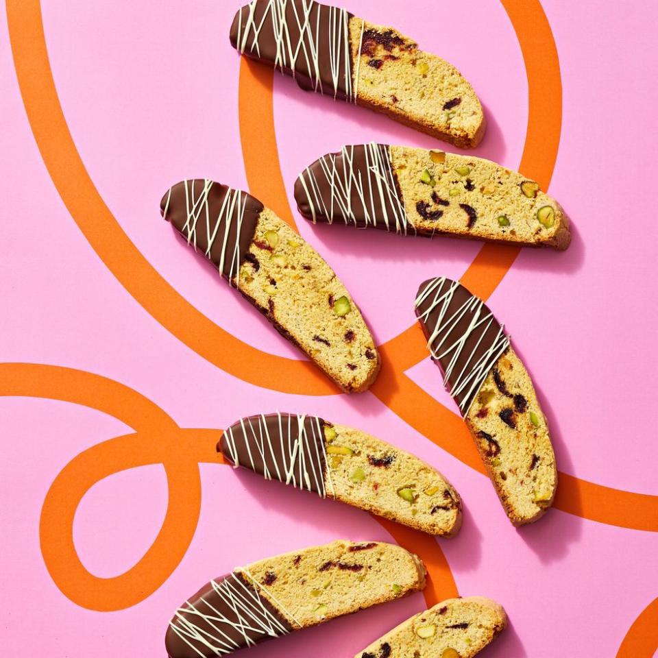 <p>Skip the store-bought biscotti. These crunchy cookies feature ginger, orange zest, dried cranberries and pistachios for extra flair. They also pair perfectly with coffee. <br></p><p>Get the <a href="https://www.goodhousekeeping.com/food-recipes/dessert/a41791040/cranberry-pistachio-cornmeal-biscotti-recipe/" rel="nofollow noopener" target="_blank" data-ylk="slk:Cranberry-Pistachio Cornmeal Biscotti recipe;elm:context_link;itc:0;sec:content-canvas" class="link "><strong>Cranberry-Pistachio Cornmeal Biscotti recipe</strong></a>. </p>