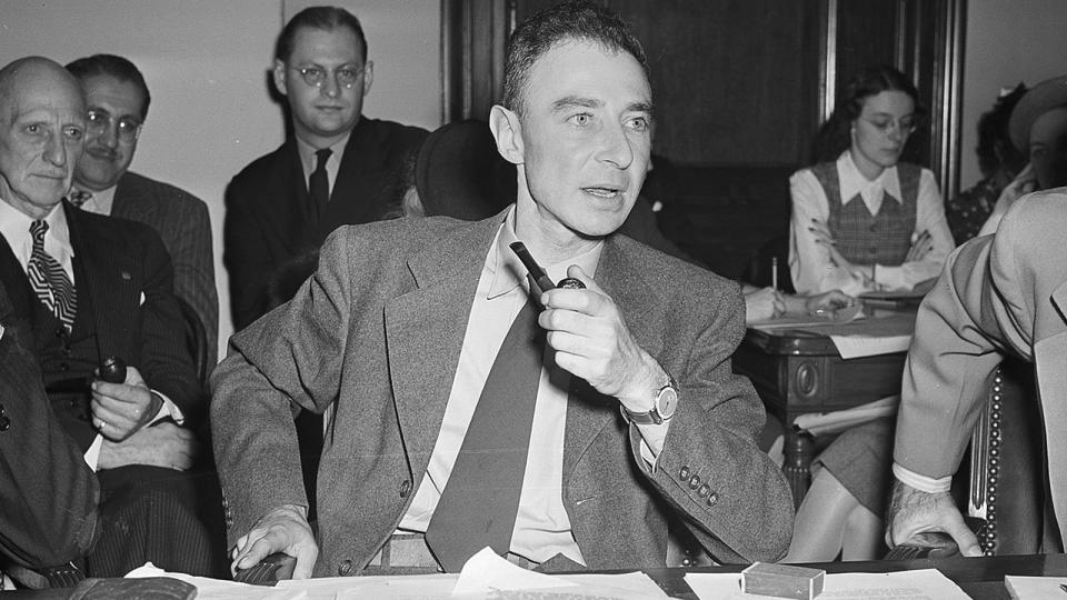 A black-and-white photograph of  J. Robert Oppenheimer.