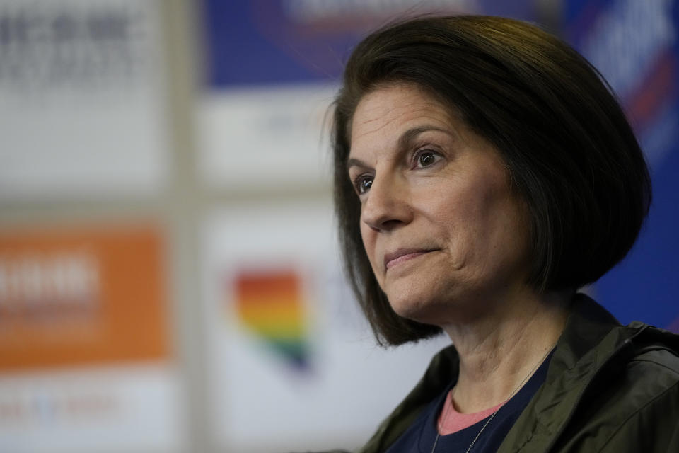 U.S. Sen. Catherine Cortez Masto, D-Nev., looks on during a meeting with supporters, Monday, Nov. 7, 2022, in Henderson, Nev. Masto faces Republican candidate Adam Laxalt in Senate elections Nov. 8. (AP Photo/Gregory Bull)