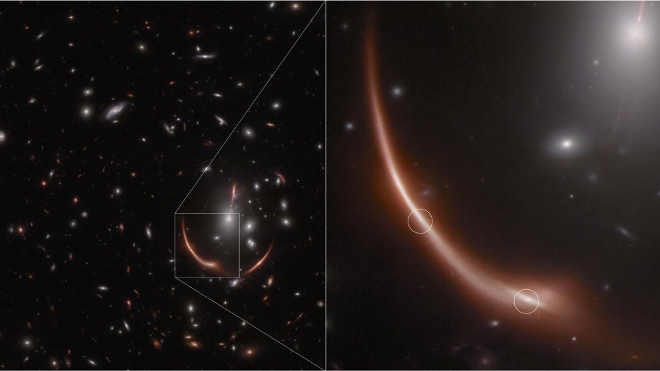 A warped section of space is stretched to reveal a reddish band of light with a bright star inside.