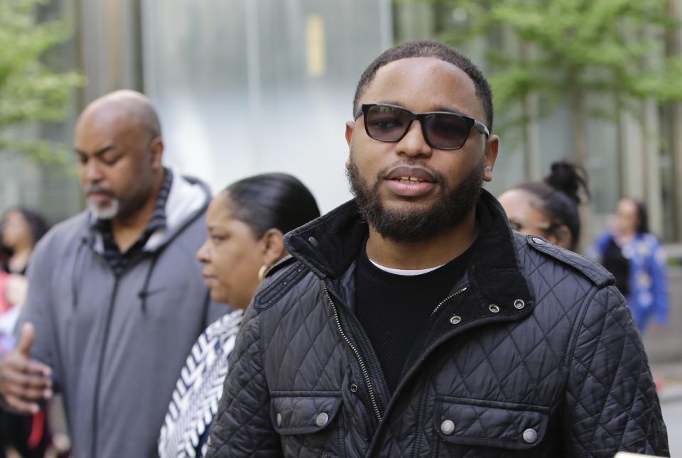 Christian Dawkins stands outside federal court Wednesday, May 8, 2019, in New York. Dawkins and and youth basketball coach Merl Code were convicted on a conspiracy count, but acquitted of some other charges. (AP Photo/Frank Franklin II)