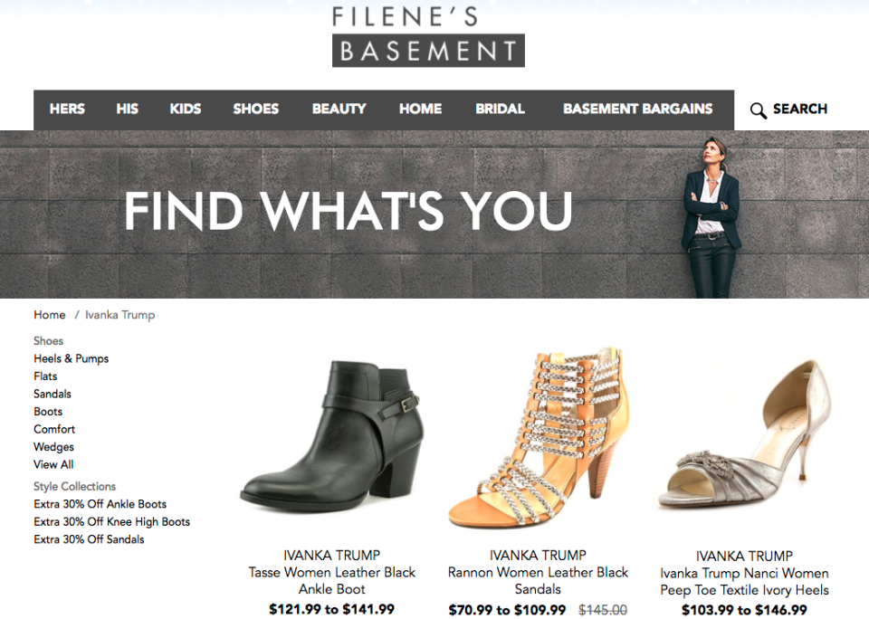 <p>Company: Filene’s Basemant<br> Reason for boycott: Carries Ivanka Trump shoes, clothing<br> (Photo: Filene’s Basement) </p>