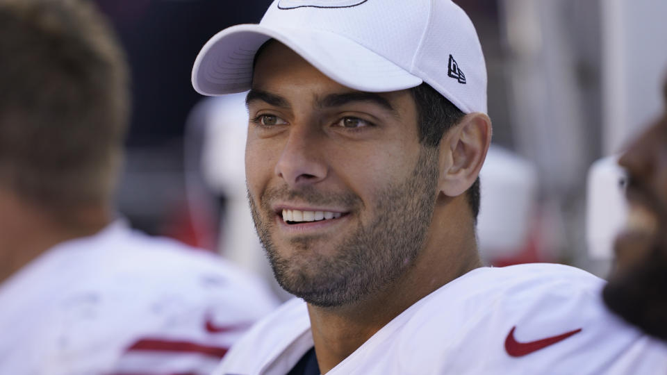 San Francisco 49ers quarterback Jimmy Garoppolo during the second half of an NFL football game against the Carolina Panthers in Santa Clara, Calif., Sunday, Oct. 27, 2019. San Francisco won the game 51-13. (AP Photo/Tony Avelar)