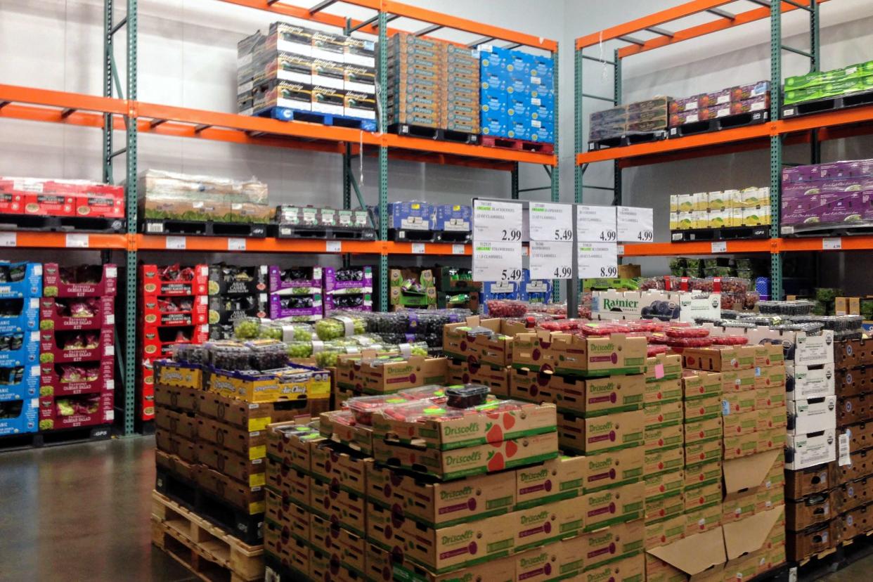 Walk-in cooler in Costco with fresh fruit and vegetables