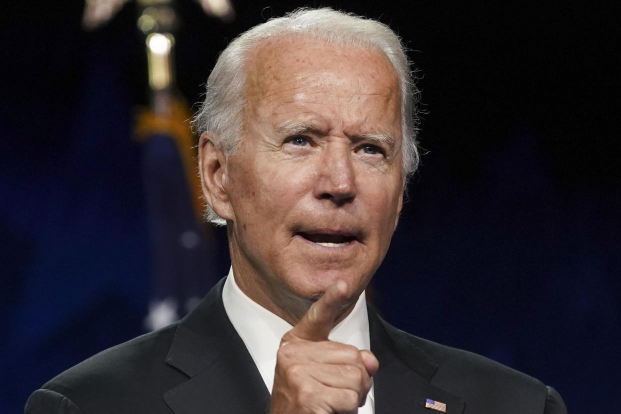 Former Vice President Joe Biden, Democratic presidential nominee, speaks during the Democratic National Convention at the Chase Center in Wilmington, Delaware, U.S., on Thursday, Aug. 20, 2020. (Stefani Reynolds/Bloomberg via Getty Images)