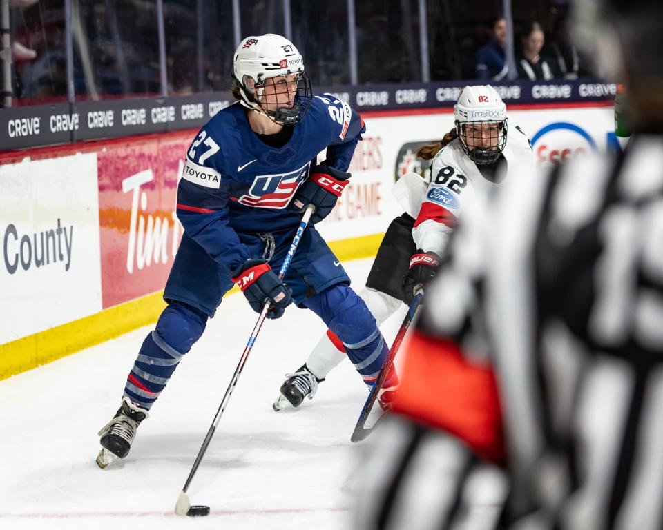 Team USA's Taylor Heise looks for a pass against Switzerland at the Adirondack Bank Center Wednesday.